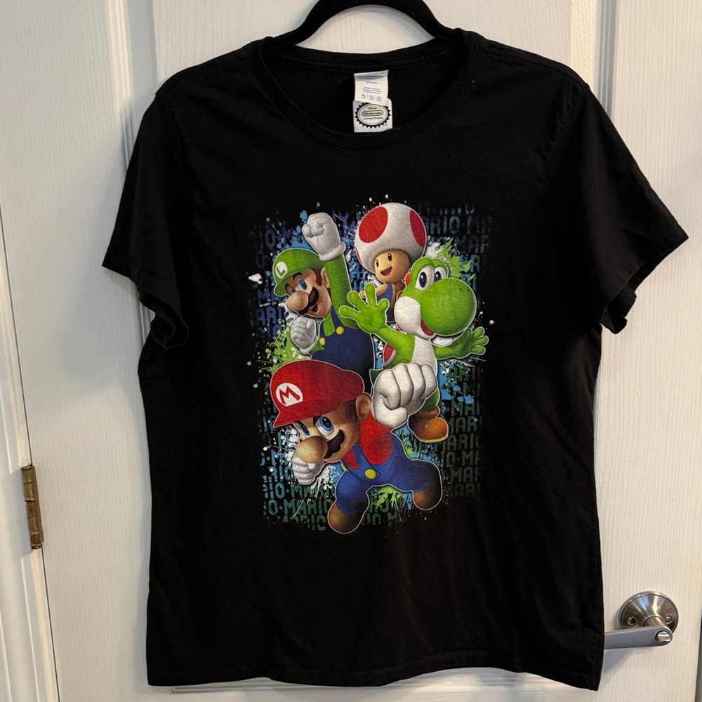Women’s Cut Nintendo Black Graphic Tee with Mario & Friends